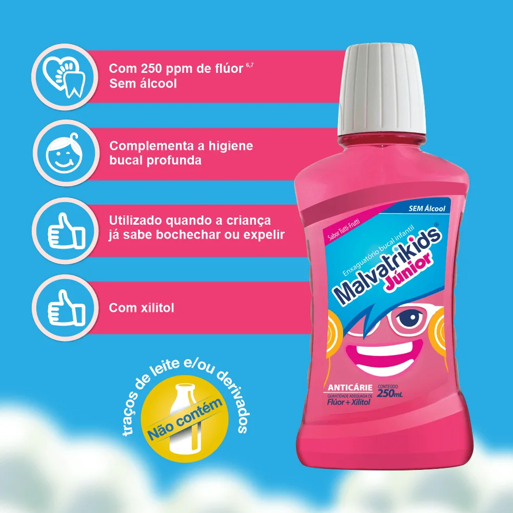 Enxaguante Bucal Infantil Malvatrikids Júnior Flúor Xilitol Zero Álcool Sabor Tutti Frutti 250ml
