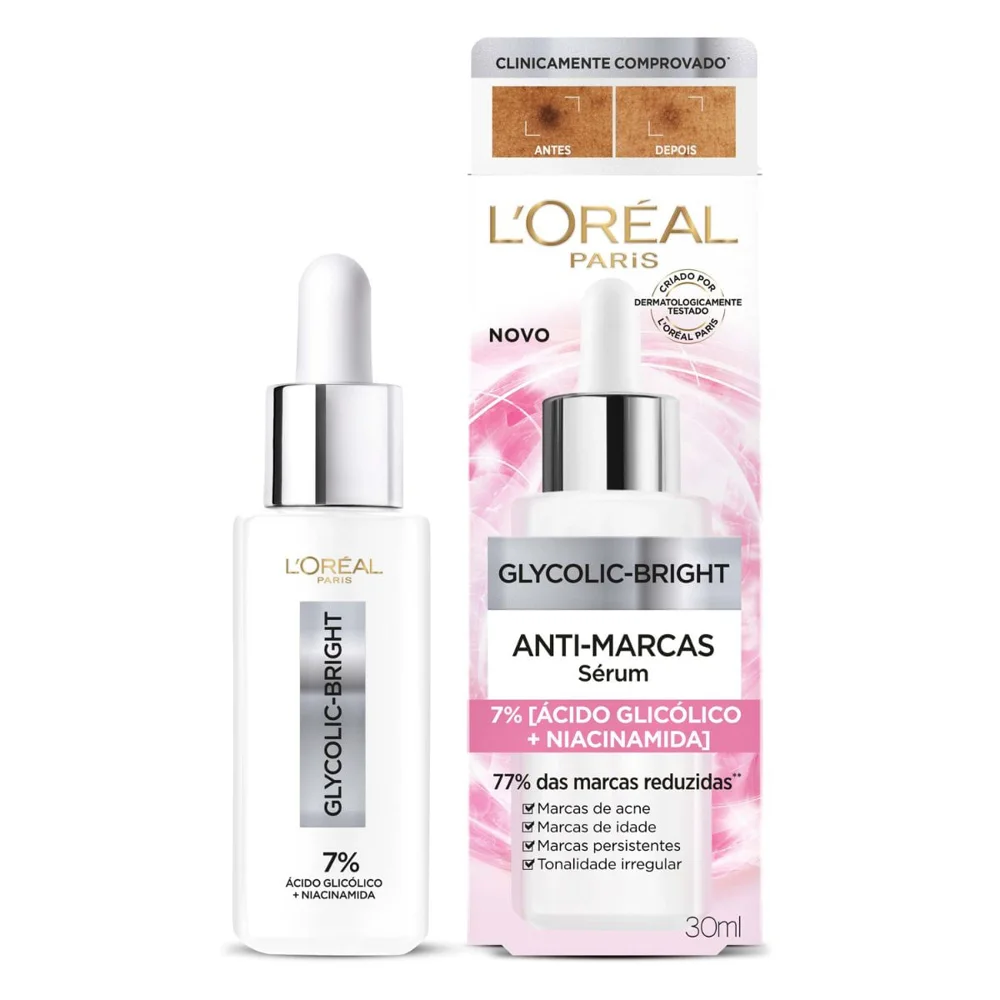 Sérum Facial L’Oréal Paris Glycolic Bright Antimarcas com Ácido Glicólico 7% e Niacinamida 30ml