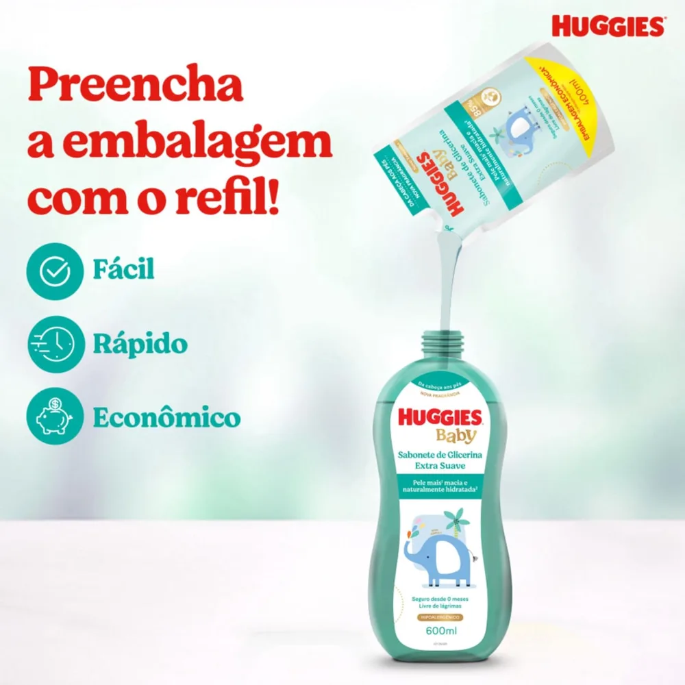 Sabonete Líquido Infantil Huggies Baby Glicerina Extra Suave Refil 400ml
