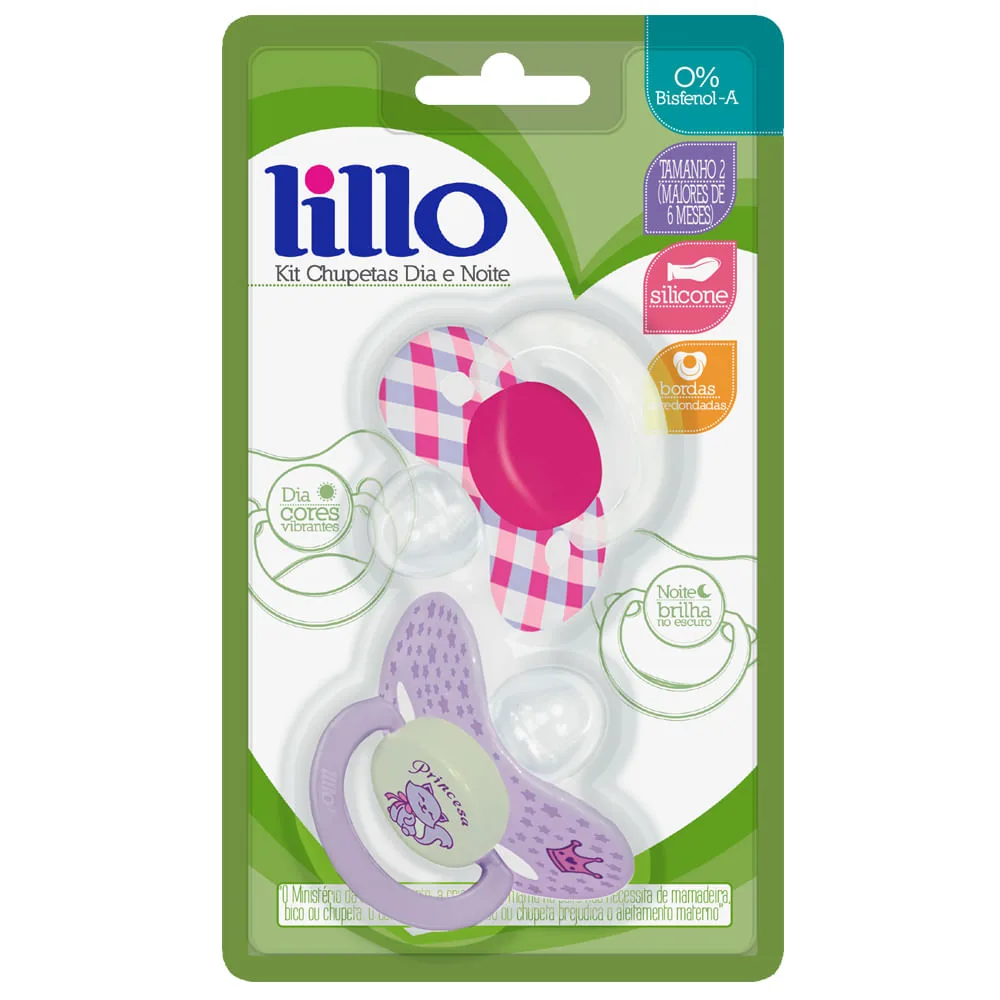 Chupeta Lillo Dia e Noite Ortodôntica +6 meses Brilha no Escuro Silicone Lilás Tamanho 2 2 Unidades