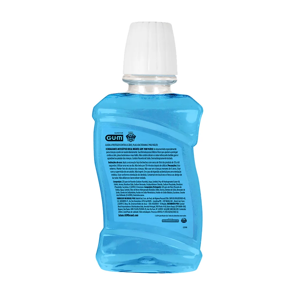 Enxaguante Bucal Infantil GUM Patrulha Canina com Flúor Zero Álcool +6 anos Sabor GUM 250ml