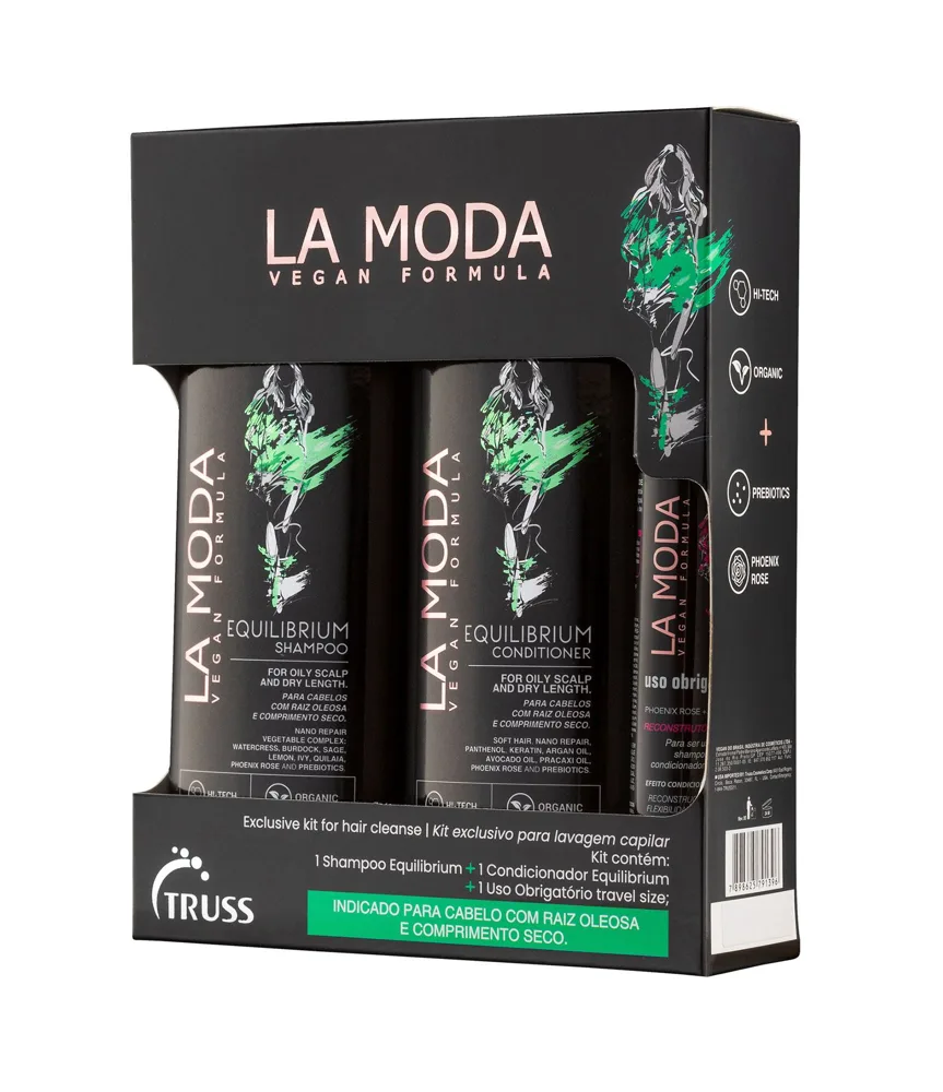 Kit Lavagem Capilar La Moda Vegan Shampoo 300ml 1 Uni + Condicionador 300ml 1uni + Reconstrutor 30ml 1 Uni