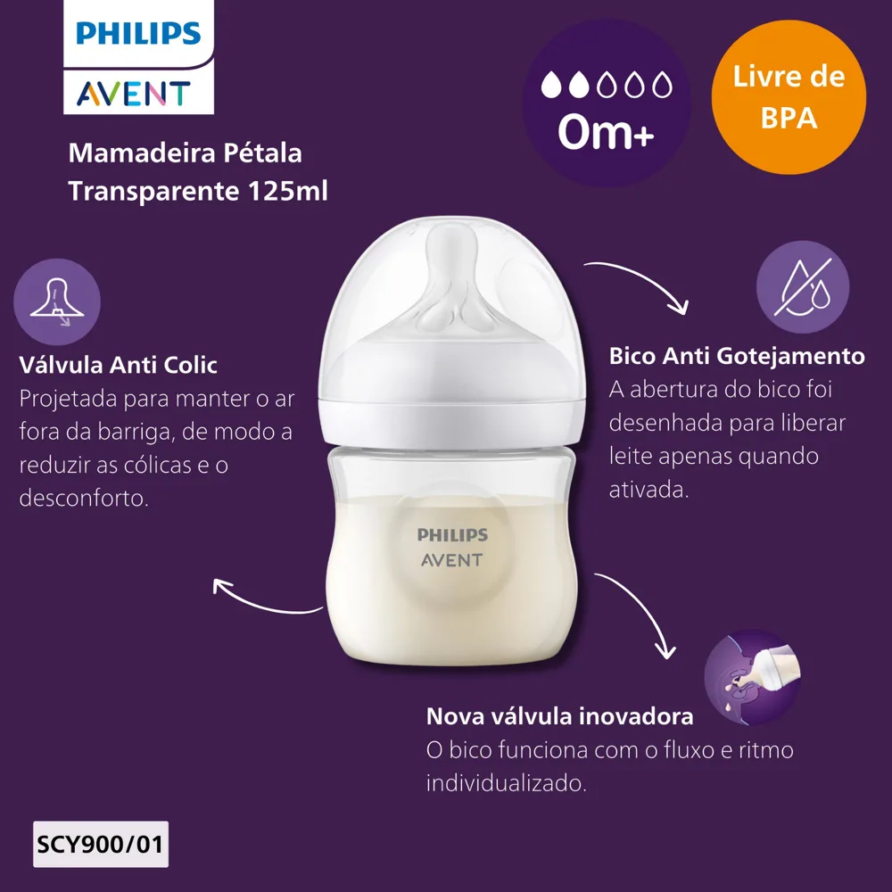 Mamadeira Philips Avent Pétala +0 meses Anticólica Fluxo Lento Tamanho 3 125ml 1 Unidade