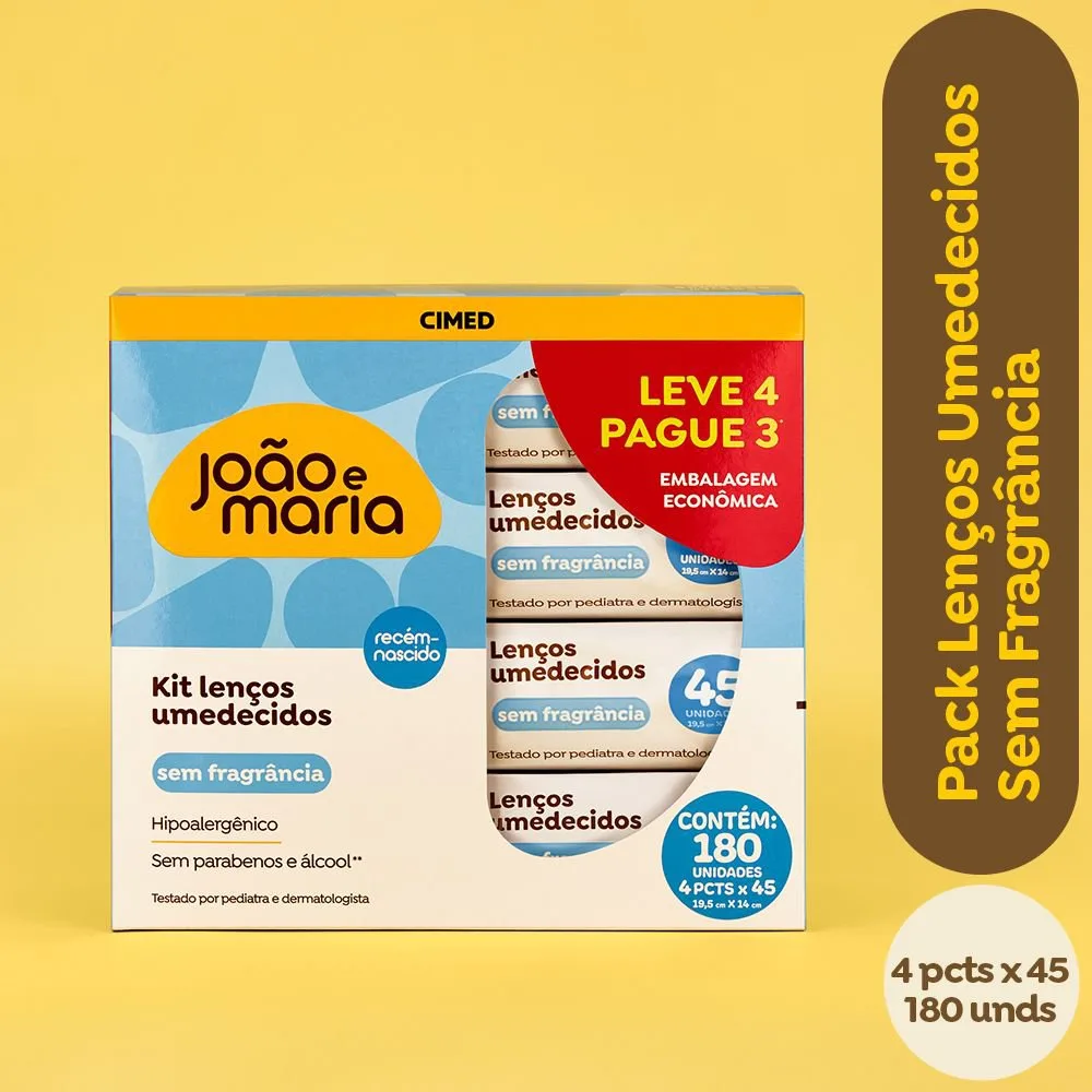 Kit Lenço Umedecido João E Maria Recém-Nascido Sem Fragrância Com Glicerina E Aloe Vera 4 Un Com 45 Folhas Cada Leve 4 Pague 3 Unidades