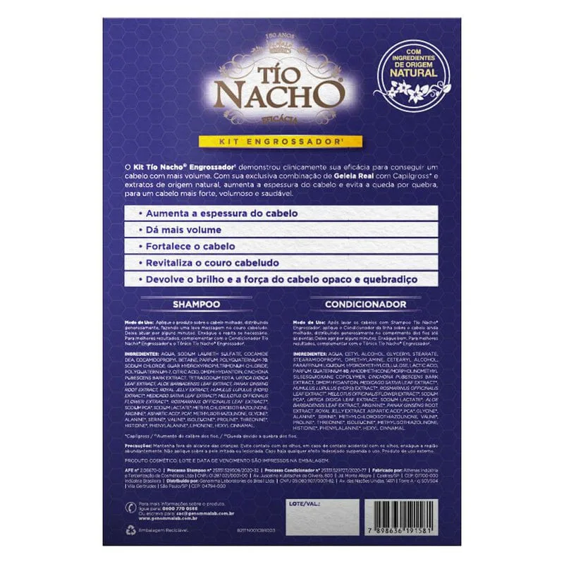 Kit Shampoo Tío Nacho Antiqueda Engrossador 415ml 1 Unidade + Condicionador Tío Nacho Antiqueda Engrossador 200ml 1 Unidade