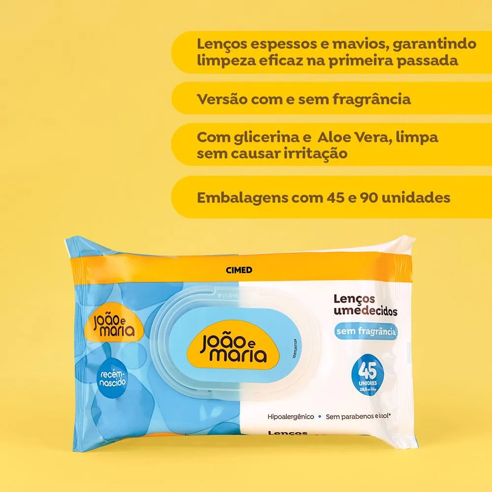 Lenços Umedecidos João e Maria Bebê Recém-Nascido Sem Fragrância Hipoalergênico 45 Unidades