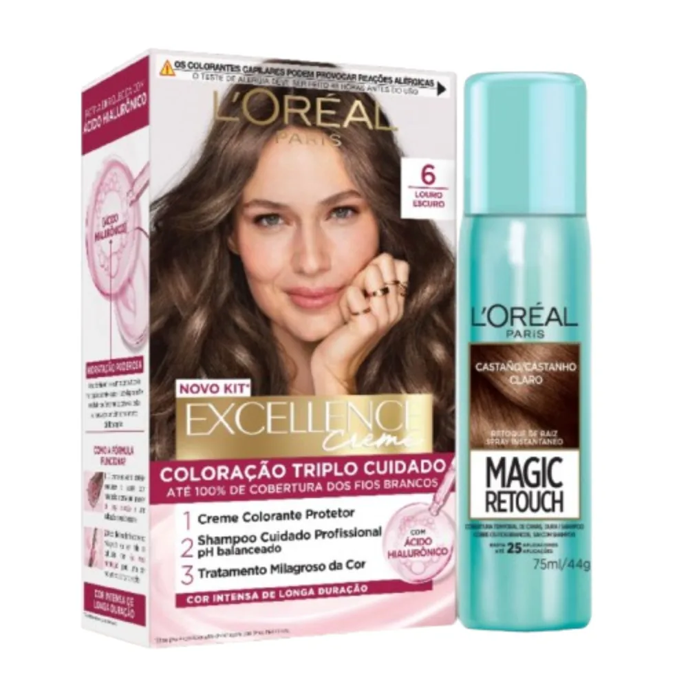 Kit L'Oréal Tintura Imédia excellence Louro Escuro 6 + Tuntura Magic Retouch Castanho Claro Spray 75ml