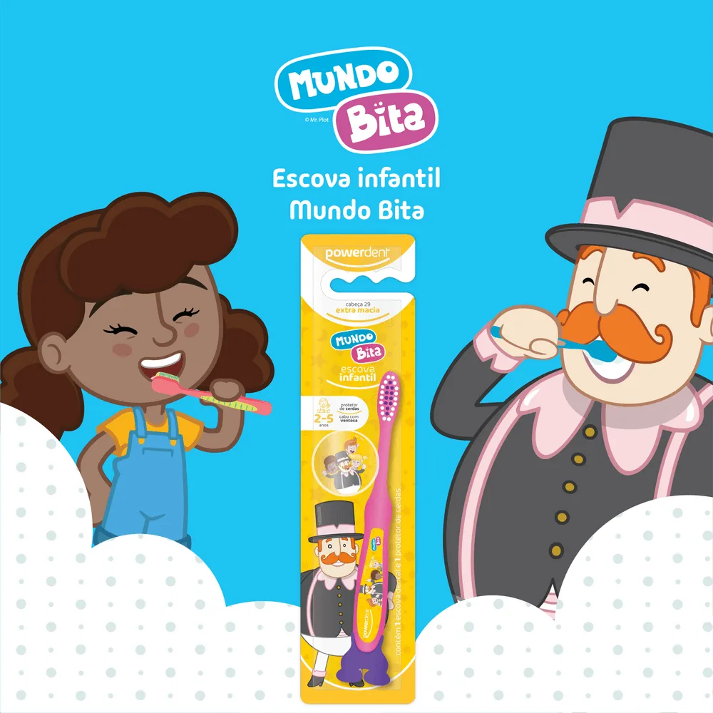 Escova Dental Infantil Powerdent Mundo Bita Extra Macia 2 a 5 anos 1 Unidade + protetor de cerdas