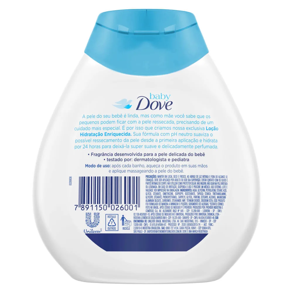 Loção Hidratante Infantil Baby Dove Hidratação Enriquecida Bebê Hipoalergênica 200ml