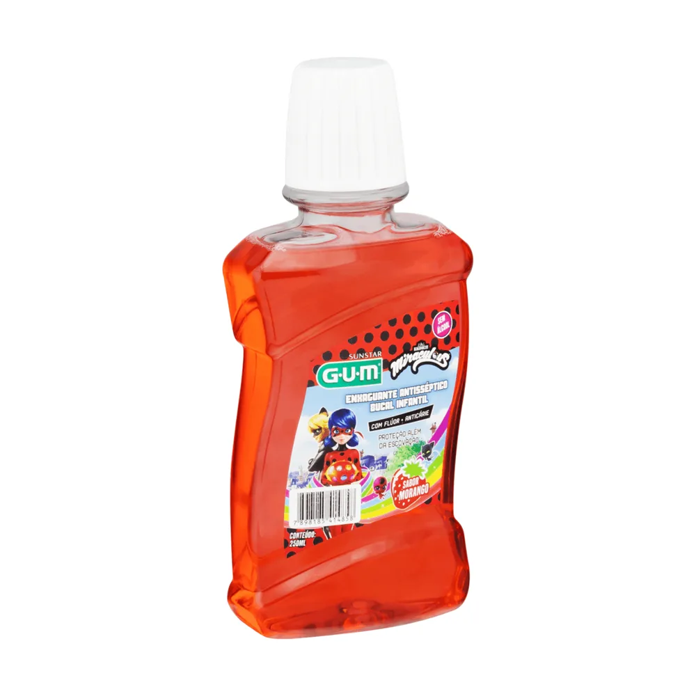 Enxaguante Bucal Infantil GUM Miraculous com Flúor Zero Álcool Anticáries +6 anos Sabor Morango 250ml