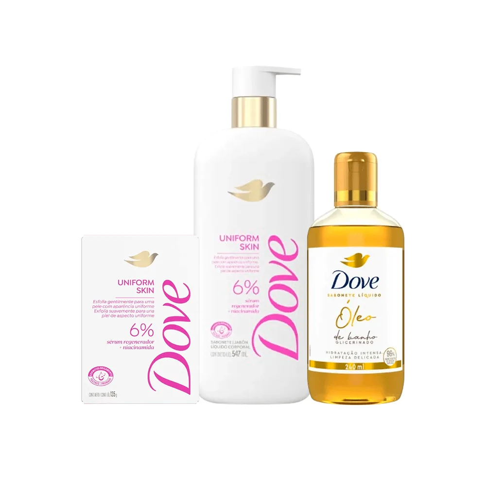 Kit Dove Banho Sabonete Barra Uniform Skin 135g + Sabonete Líquido Uniform Skin 547ml + Sabonete Líquido Óleo de Banho 240ml
