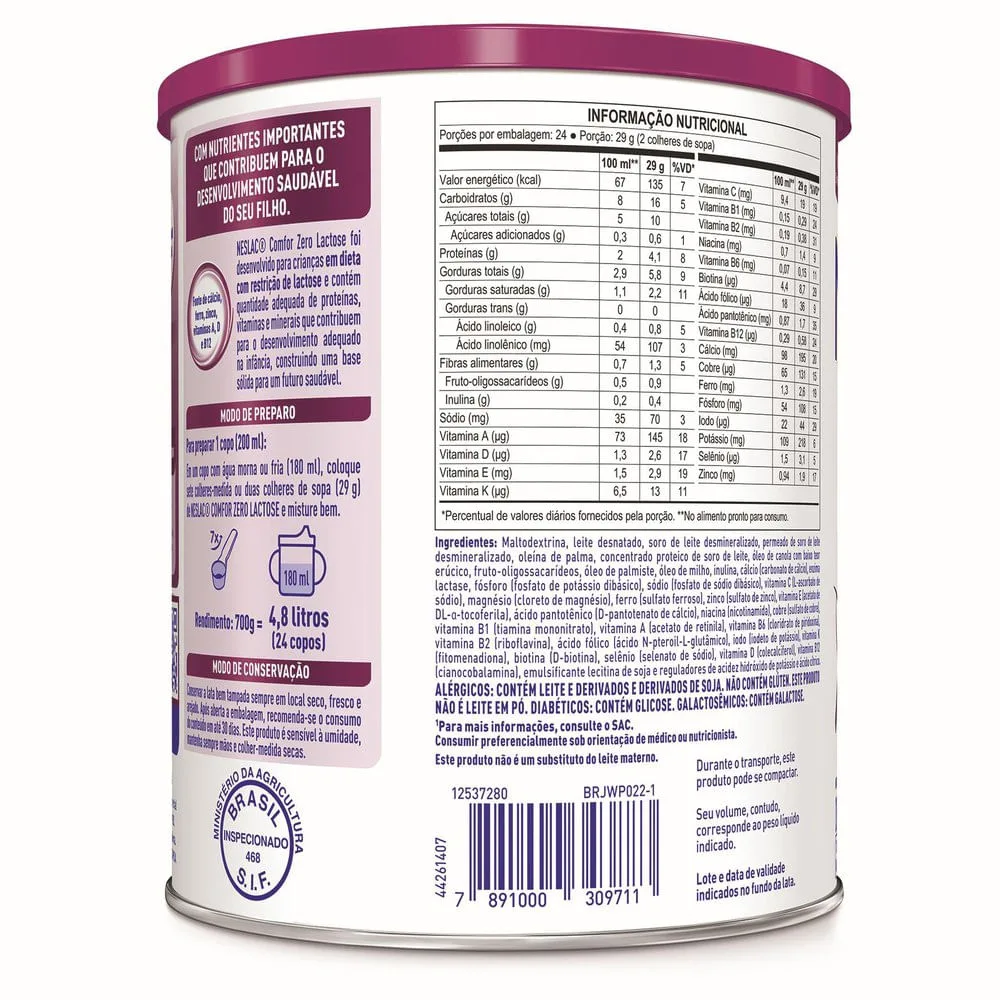 Composto Lácteo Infantil Neslac Comfor de 3 a 5 anos Zero Lactose 700g