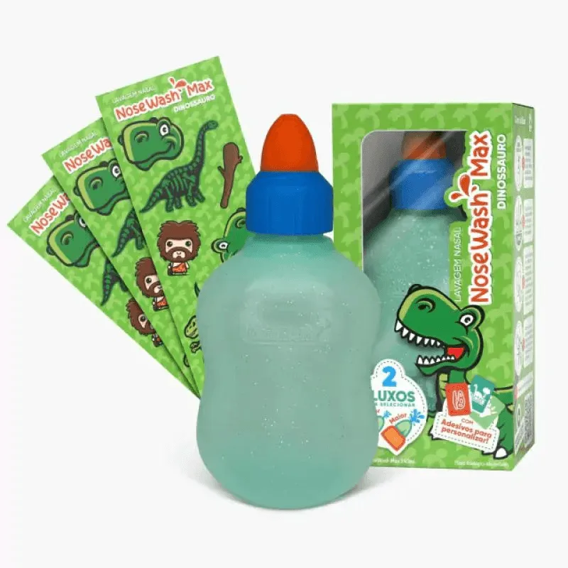 Dispositivo de Lavagem Nasal Nosewash Max Dinossauro 240ml + Adesivos para Personalizar