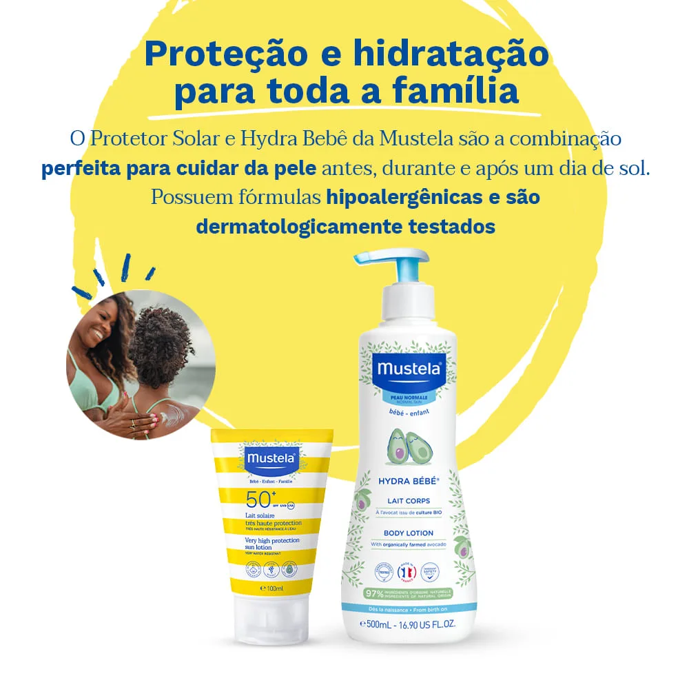 Kit Mustela Protetor Solar FPS50+ Infantil e Adulto 100ml + Hydra Bebê hidratante infantil com Abacate Orgânico 500ml