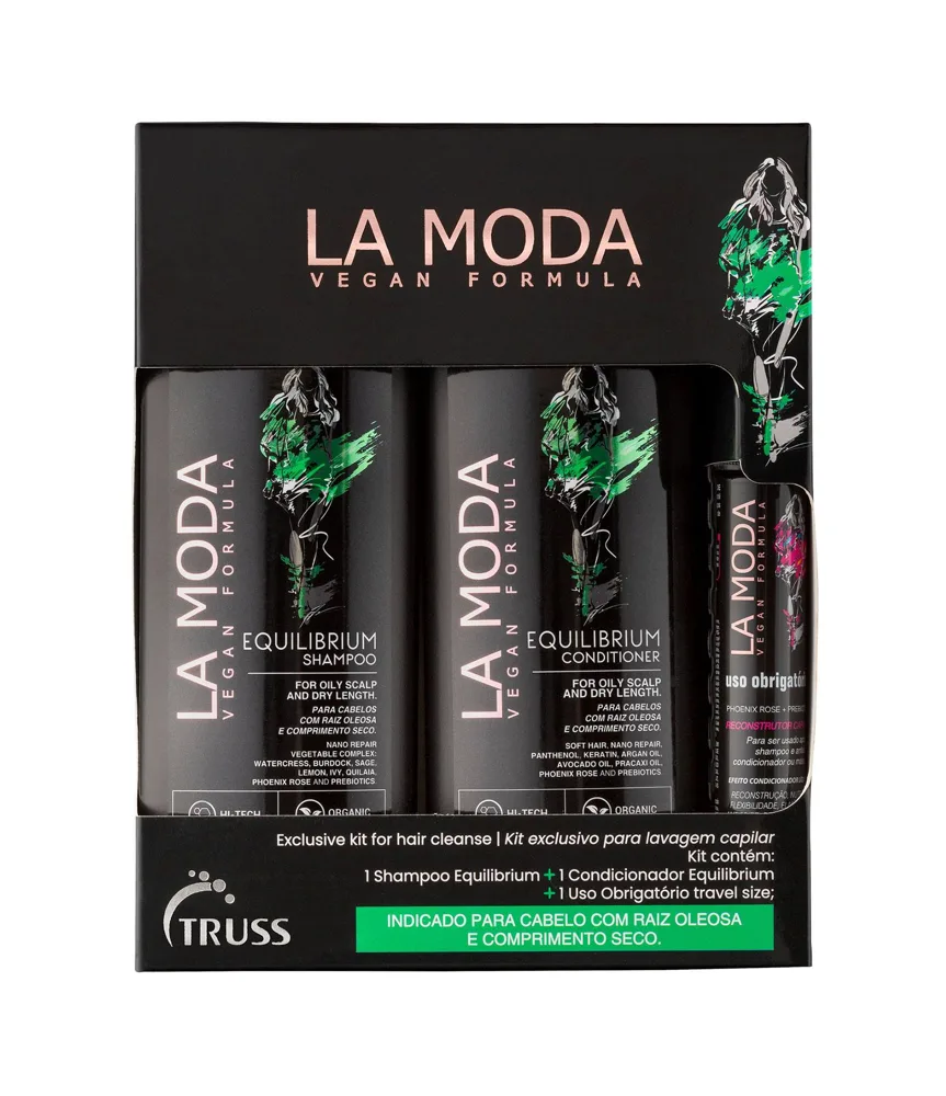 Kit Lavagem Capilar La Moda Vegan Shampoo 300ml 1 Uni + Condicionador 300ml 1uni + Reconstrutor 30ml 1 Uni