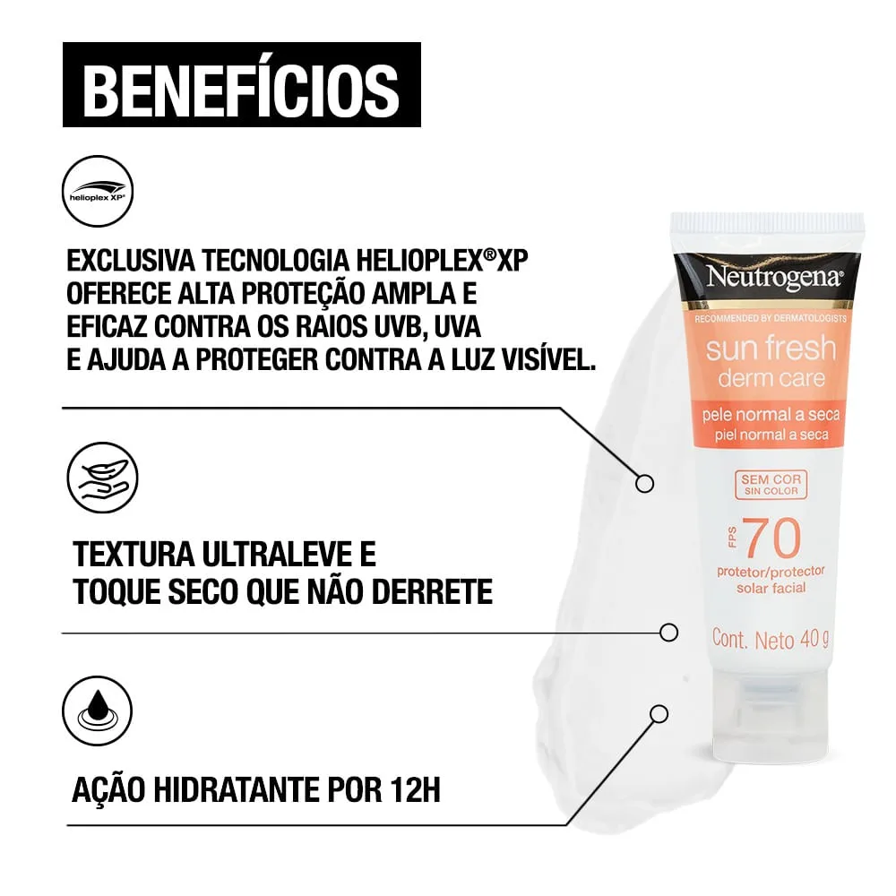 Protetor Solar Facial Neutrogena Sun Fresh Derm Care FPS70 Pele Normal a Seca Sem Cor 40g