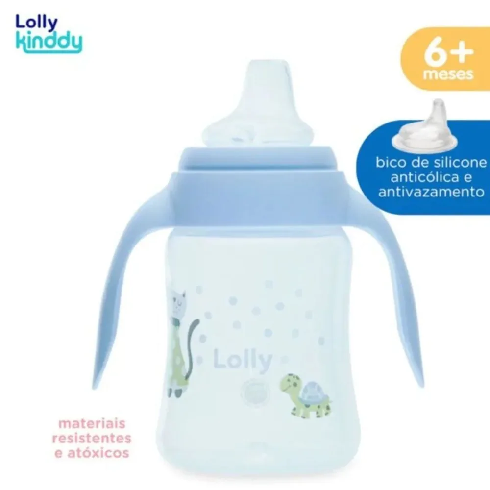 Copo de Transição Lolly Kinddy Zoo +18 meses Antivazamento com Alça Azul 250ml 1 Unidade