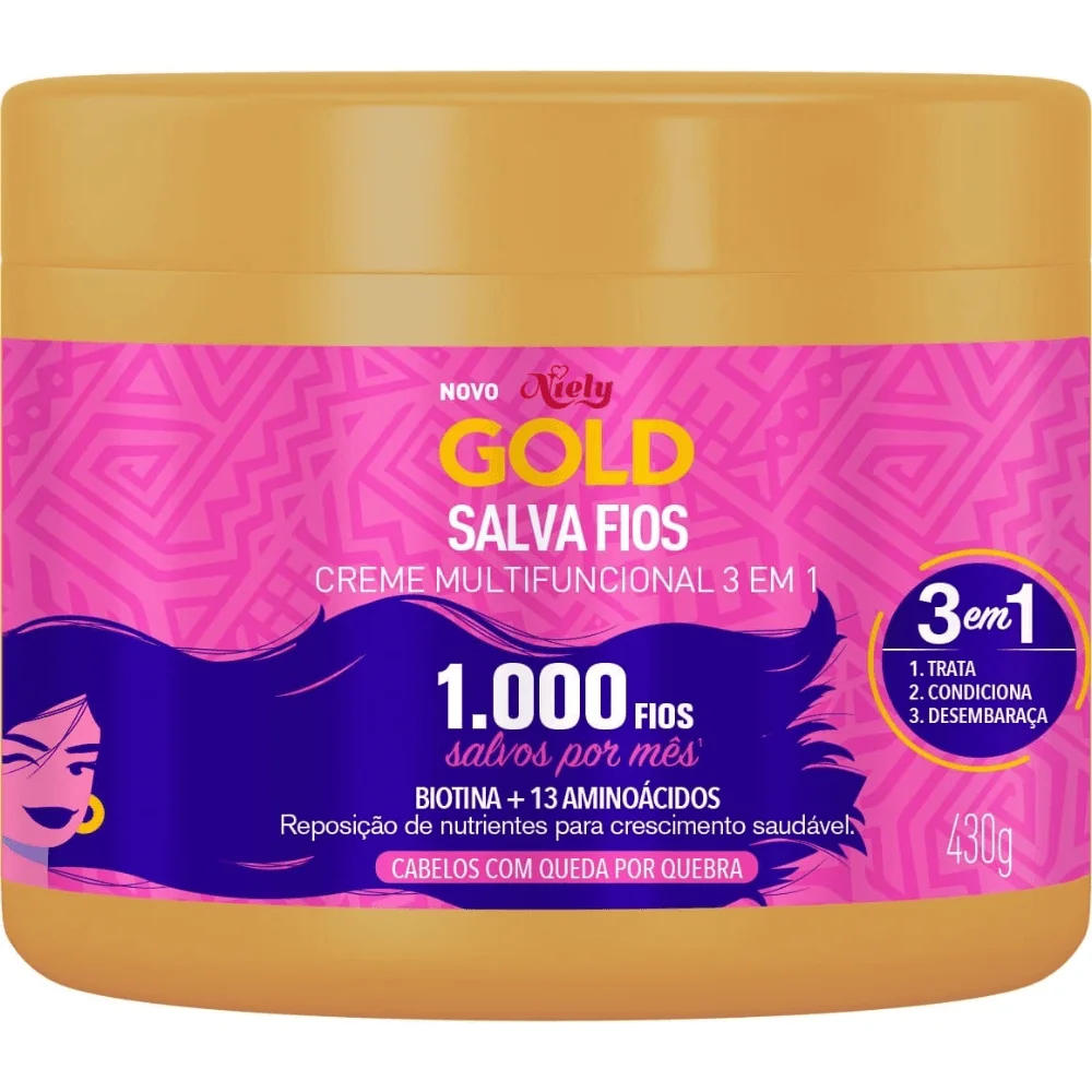 Creme de Tratamento Capilar Niely Gold Salva Fios 3 em 1 Biotina e 13 Aminoácidos 430g