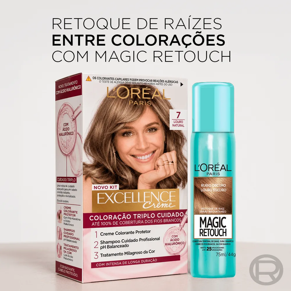 Kit L'Oréal Tintura Imédia excellence Louro Natural 7 + Tintura Magic Retouch Louro Escuro Spray 75ml