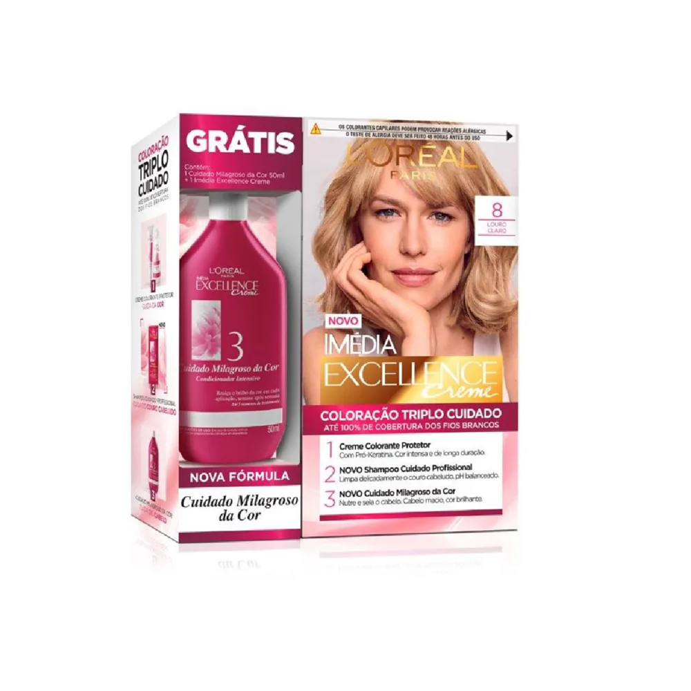 Tintura Imedia excellence Louro Claro 8.0 Gratis tratamento Cuidado Milagroso Da cor 50g