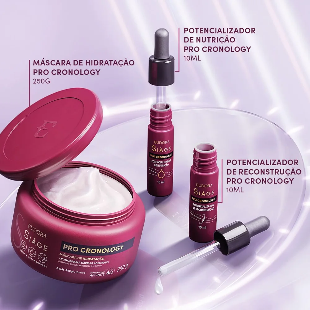 Kit Eudora Siàge Máscara de Tratamento Pro Cronology 250g 1 Uni + Potencializador de Nutrição 10ml 1 Uni + Potencializador de Reconstrução 10ml 1 Uni