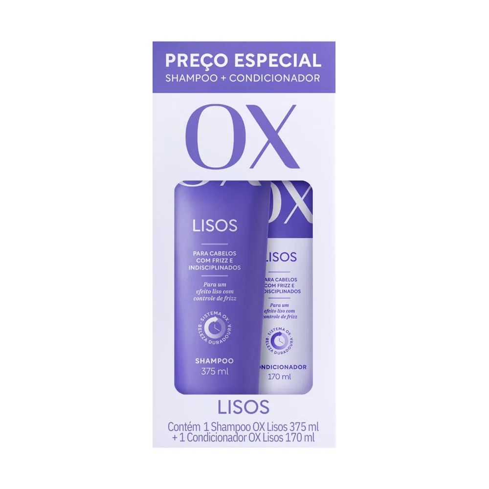 Kit Shampoo OX Liso Duradouro 375ml 1 Unidade + Condicionador OX Liso Duradouro 170ml 1 Unidade