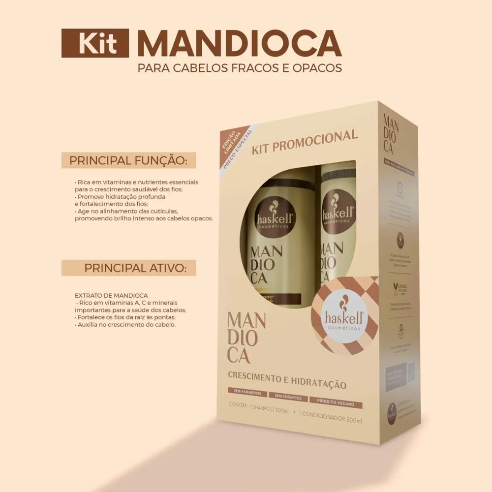 Kit Haskell Mandioca Cabelos Fracos E Opacos Shampoo 300ml + Condicionador 300ml