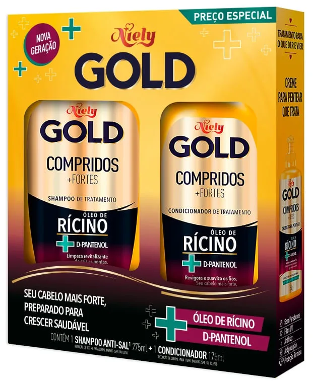 Kit Shampoo Niely Gold Compridos e Fortes 275ml 1 Uni + Condicionador Niely Gold Compridos e Fortes 175ml 1 Uni