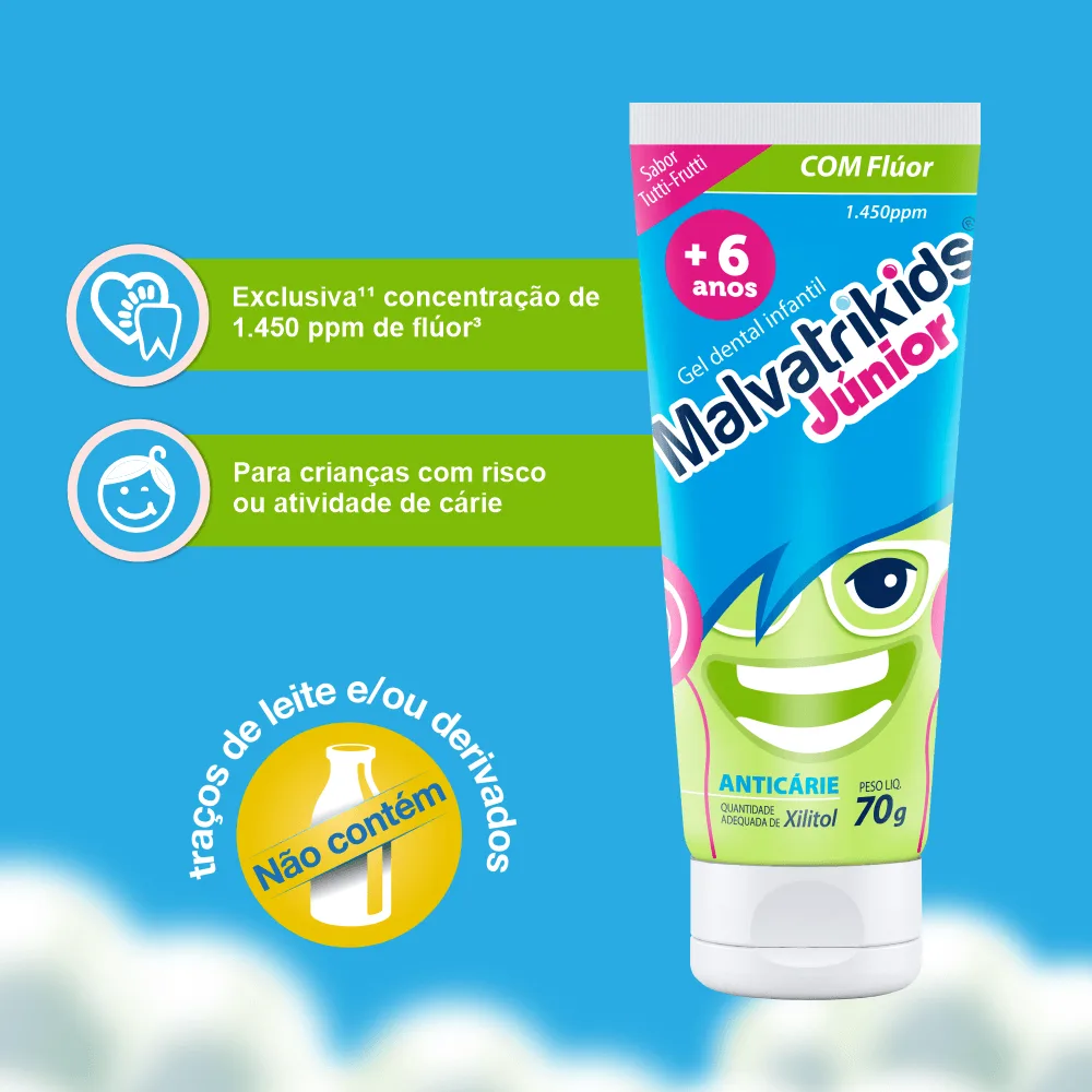 Gel Dental Infantil Malvatrikids Júnior Anticáries Flúor Xilitol Sabor Tutti Frutti 70g