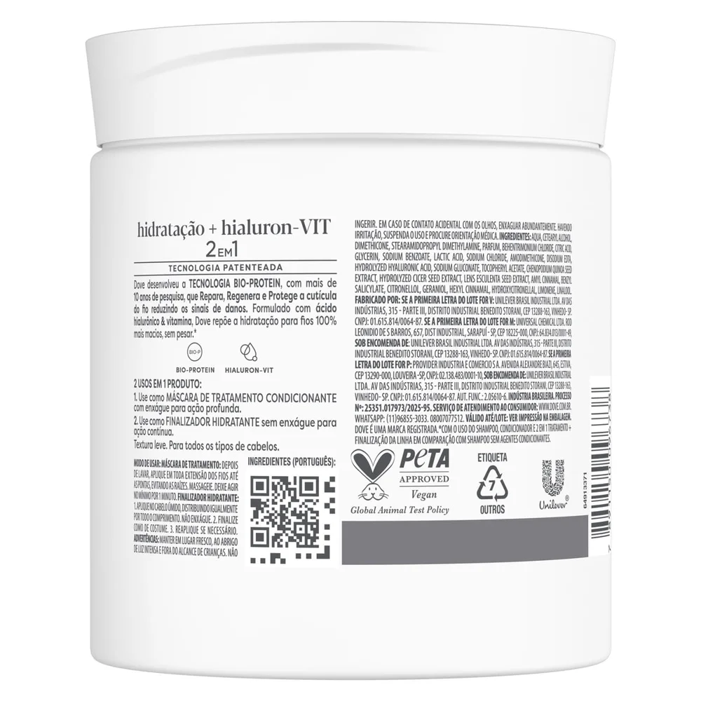Máscara Dove 2 Em 1 Hidratação + Hialuron-Vit 500g