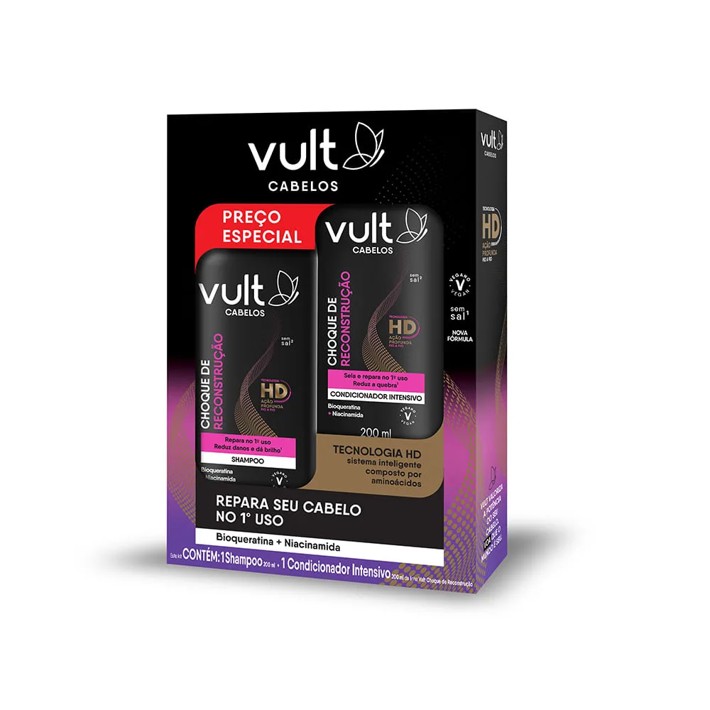 Kit Shampoo Vult Choque de Reconstrução 200ml 1 Unidade + Condicionador Vult Choque de Reconstrução 200ml 1 Unidade