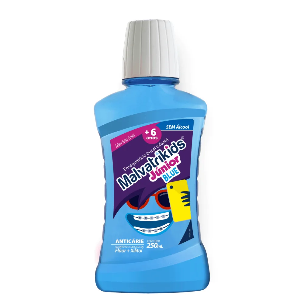 Enxaguante Bucal Infantil Malvatrikids Júnior Blue Flúor Xilitol Zero Álcool Sabor Tutti Frutti Azul 250ml