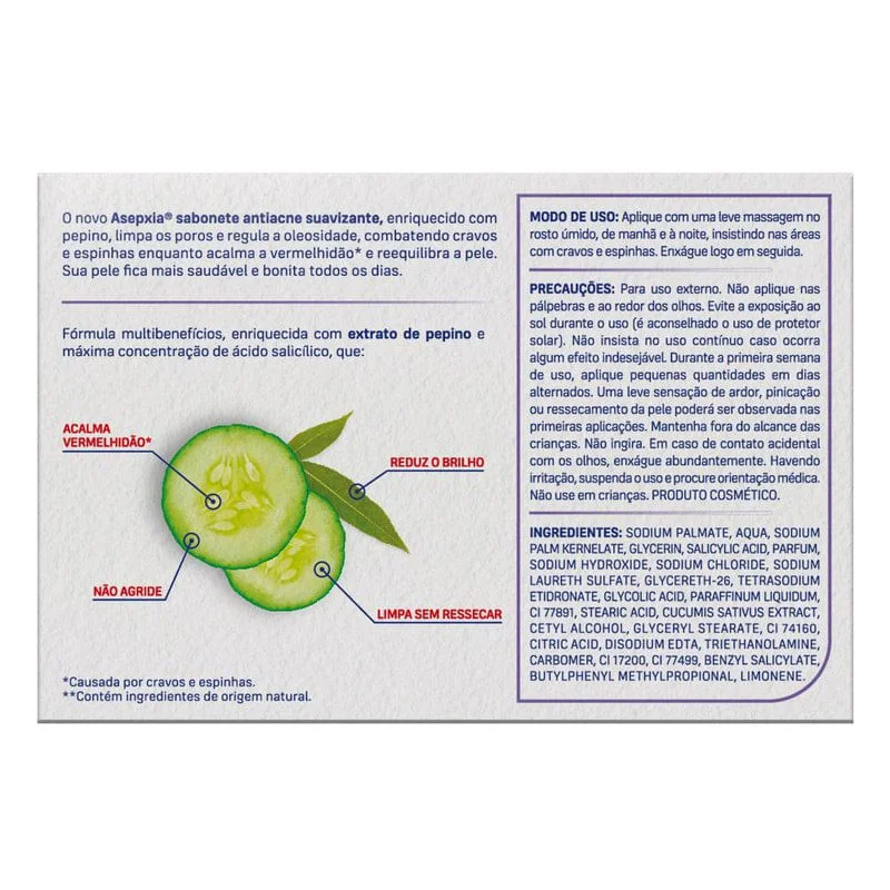 Sabonete em Barra Facial Asepxia Suavizante Ácido Salicílico 2% e Extrato de Pepino 80g
