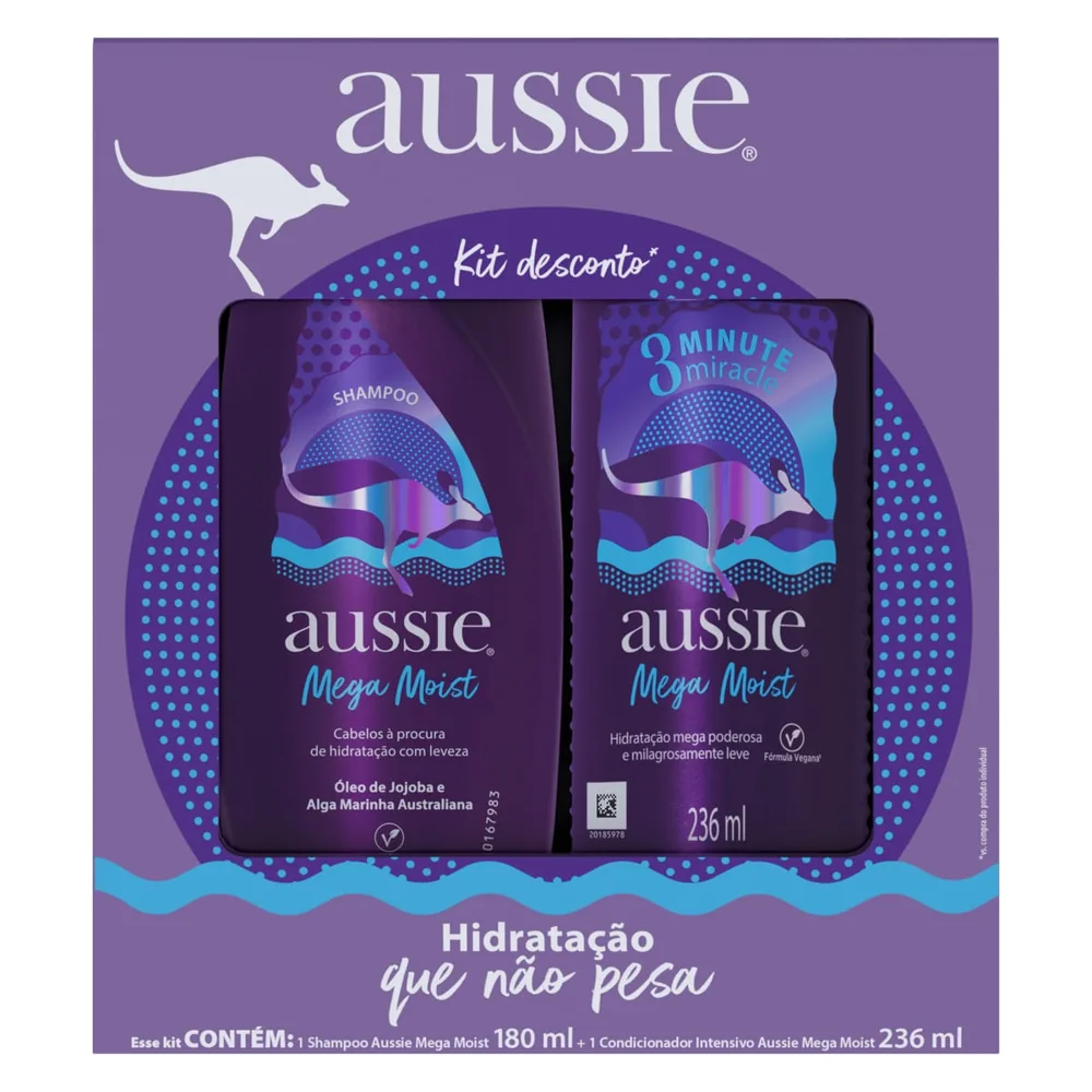 Kit Shampoo Aussie Mega Moist 180ml 1 Unidade + Creme de Tratamento Capilar Aussie 3 Minute Miracle Moist Hidratação 236ml 1 Unidade