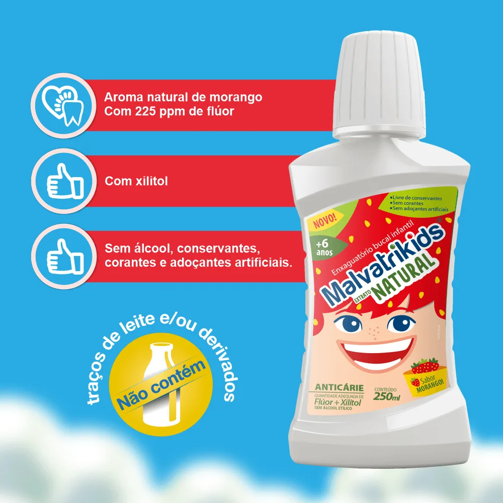Enxaguante Bucal Infantil Malvatrikids Extrato Natural +6 anos Flúor Zero Álcool Sabor Morango 250ml