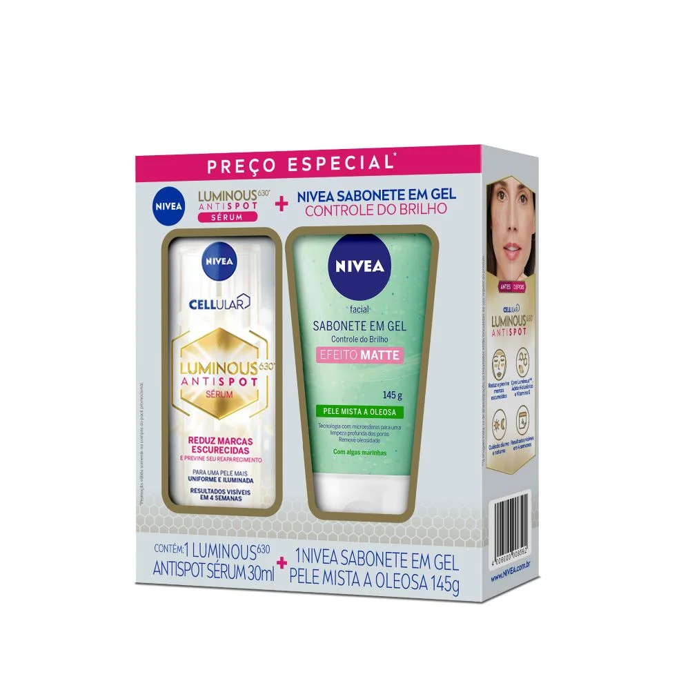 Kit Sérum Intensivo Nivea Cellular Luminous 630 Antispot 30ml 1 Unidade + Sabonete Facial Nivea Efeito Matte Algas Marinhas Gel 145g 1 Unidade