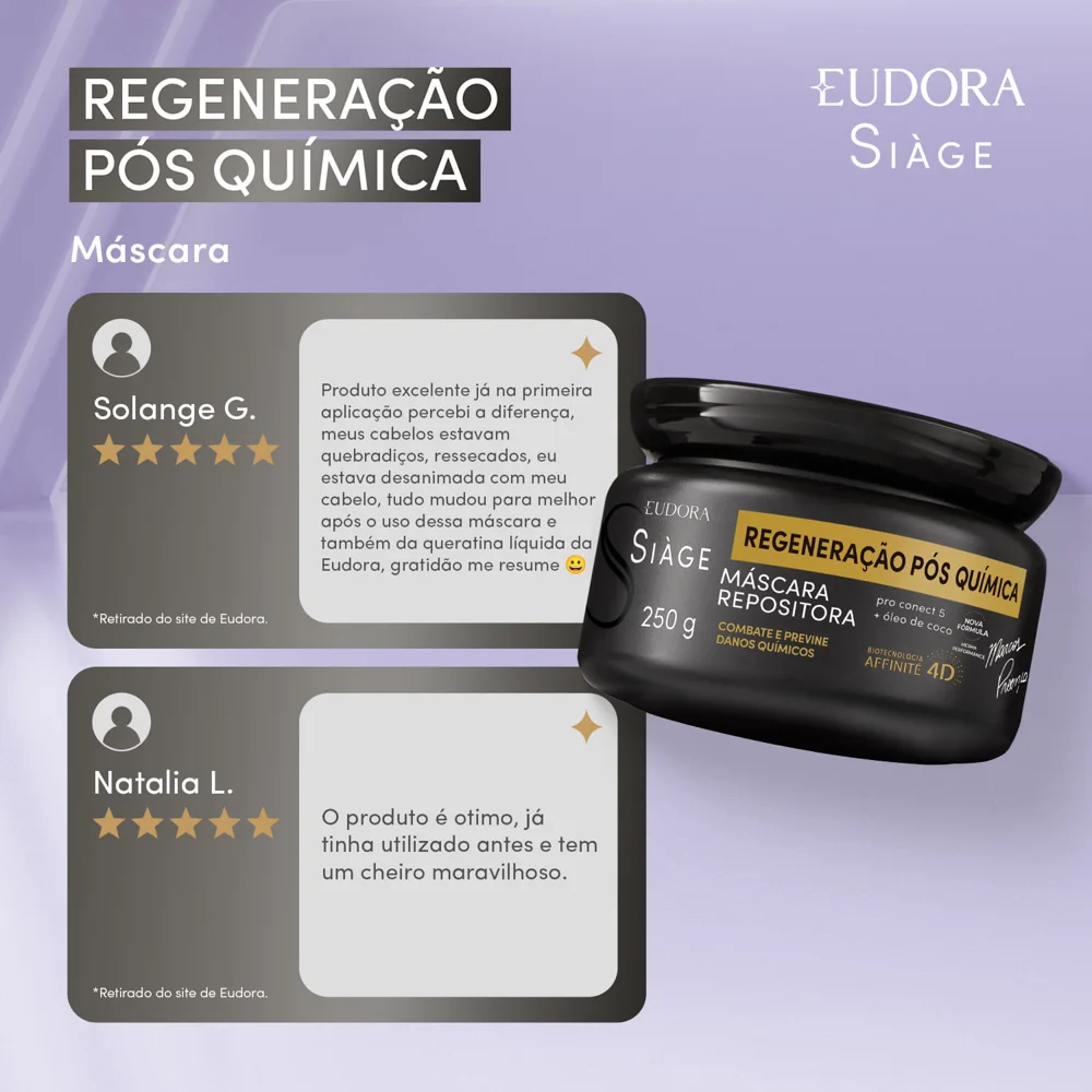 Máscara Capilar Eudora Siàge Regeneração Pós Química Repositora 250g