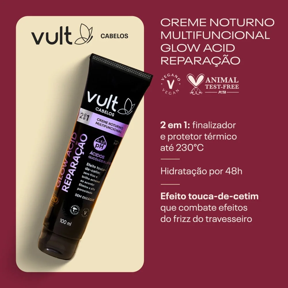 Creme Finalizador Noturno Vult Multifuncional 2 Em 1 Glow Acid Reparação 100ml