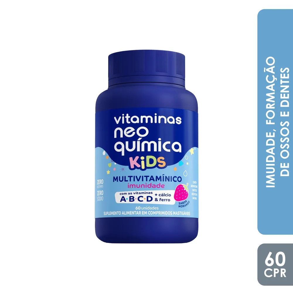 Neo Química Kids Multivitamínico Sabor Morango Zero Açúcar 60 Comprimidos Mastigáveis