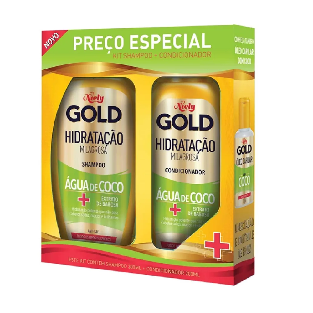 Kit Shampoo Niely Gold Hidratação Milagrosa 275ml 1 Unidade + Condicionador Niely Gold Hidratação Milagrosa 175ml 1 Unidade