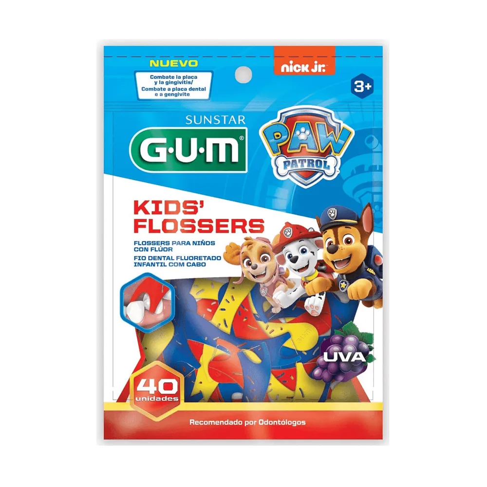 Fio Dental Infantil GUM Flosser Patrulha Canina com Flúor Sabor Uva 40 Unidades