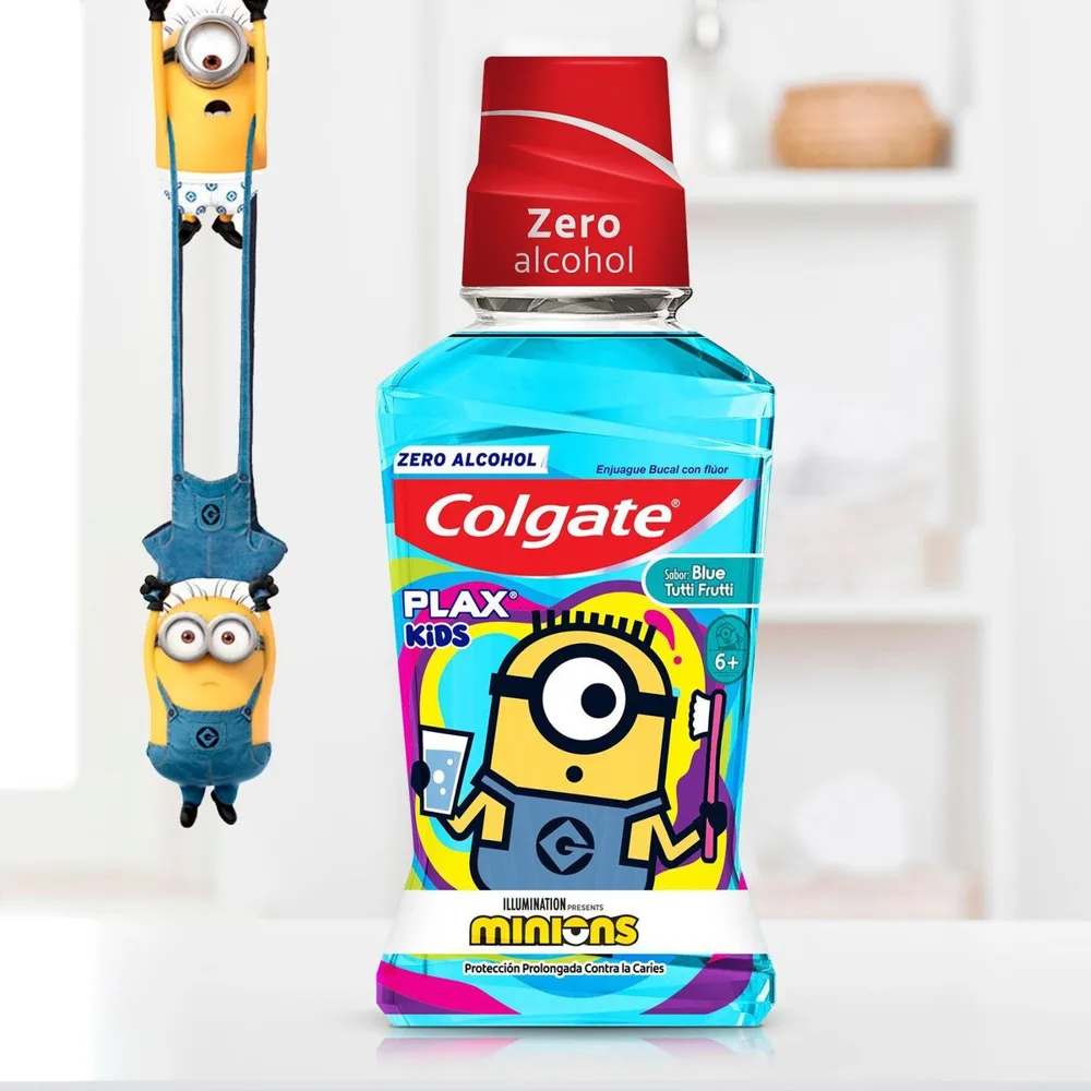 Enxaguante Bucal Infantil Colgate Plax Kids Minions Com Flúor Zero Álcool +6 anos Sabor Tutti Frutti 250ml