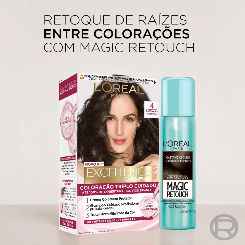 Kit L'Oréal Tintura Imédia excellence Castanho natural 4 + Tintura Magic Retouch Castanho Escuro Spray 75ml
