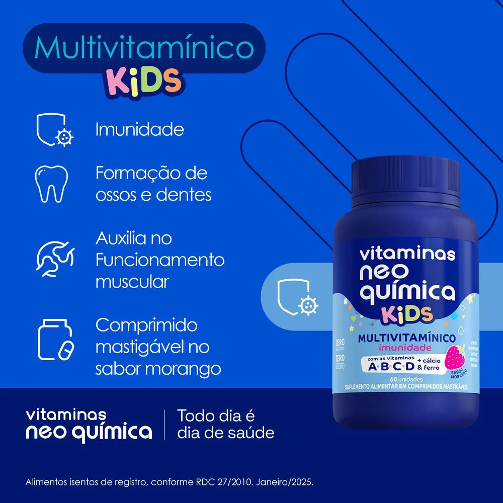 Neo Química Kids Multivitamínico Sabor Morango Zero Açúcar 60 Comprimidos Mastigáveis