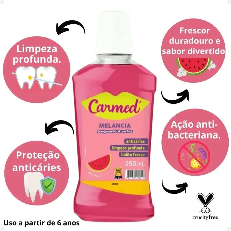 Enxaguante Bucal Carmed Com Flúor Zero Álcool Sabor Melancia 250ml