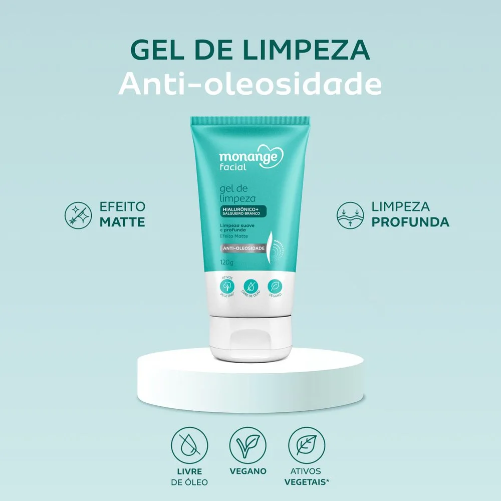 Gel de Limpeza Facial Monange Antioleosidade Efeito Matte com Ácido Hialurônico e Extrato de Salgueiro Branco 120g