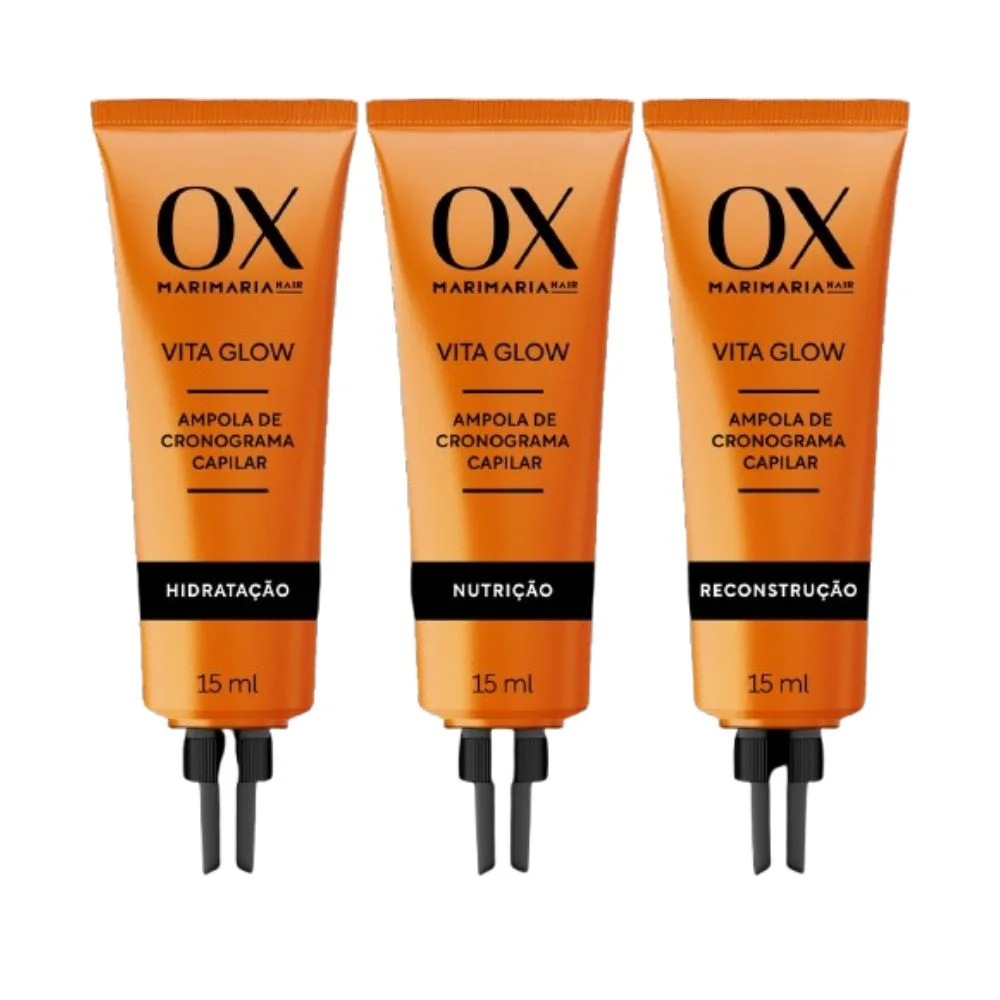 Kit Ampola de Tratamento Capilar OX By Mari Maria Vita Glow Cronograma Capilar Hidratação Nutrição Reconstrução 15ml 3 Unidades