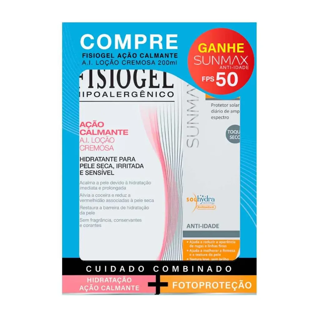 Kit Loção Hidratante Fisiogel Ação Calmante A.I. 200ml  1 Unidade + Protetor Solar Facial Sunmax Anti-Idade FPS 50 60ml 1 Unidade