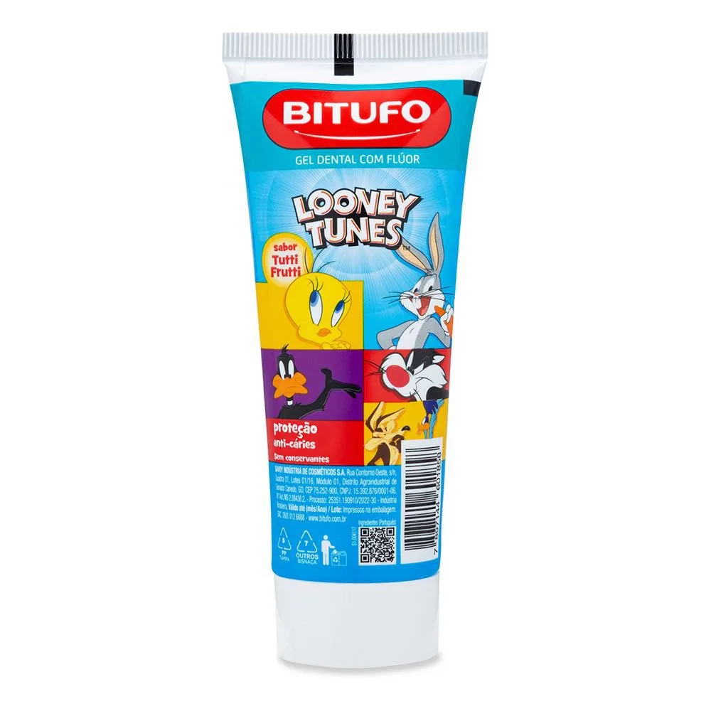 Gel Dental Infantil Bitufo Looney Tunes Com Flúor Sabor Tutti-Frutti 90g