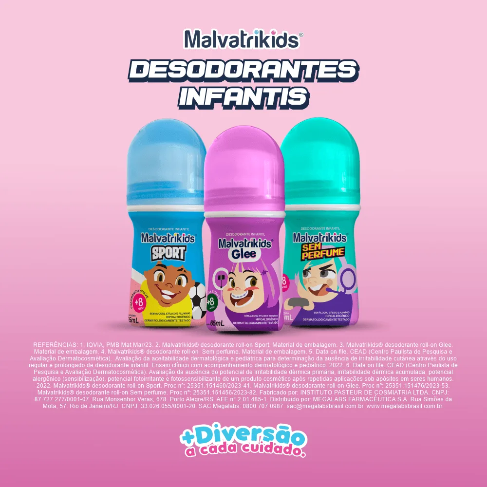 Desodorante Infantil Malvatrikids Glee +8 anos Fragrância Suave Roll On 65ml